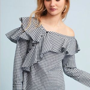 Anthropologie Ruffled One shoulder gingham black top